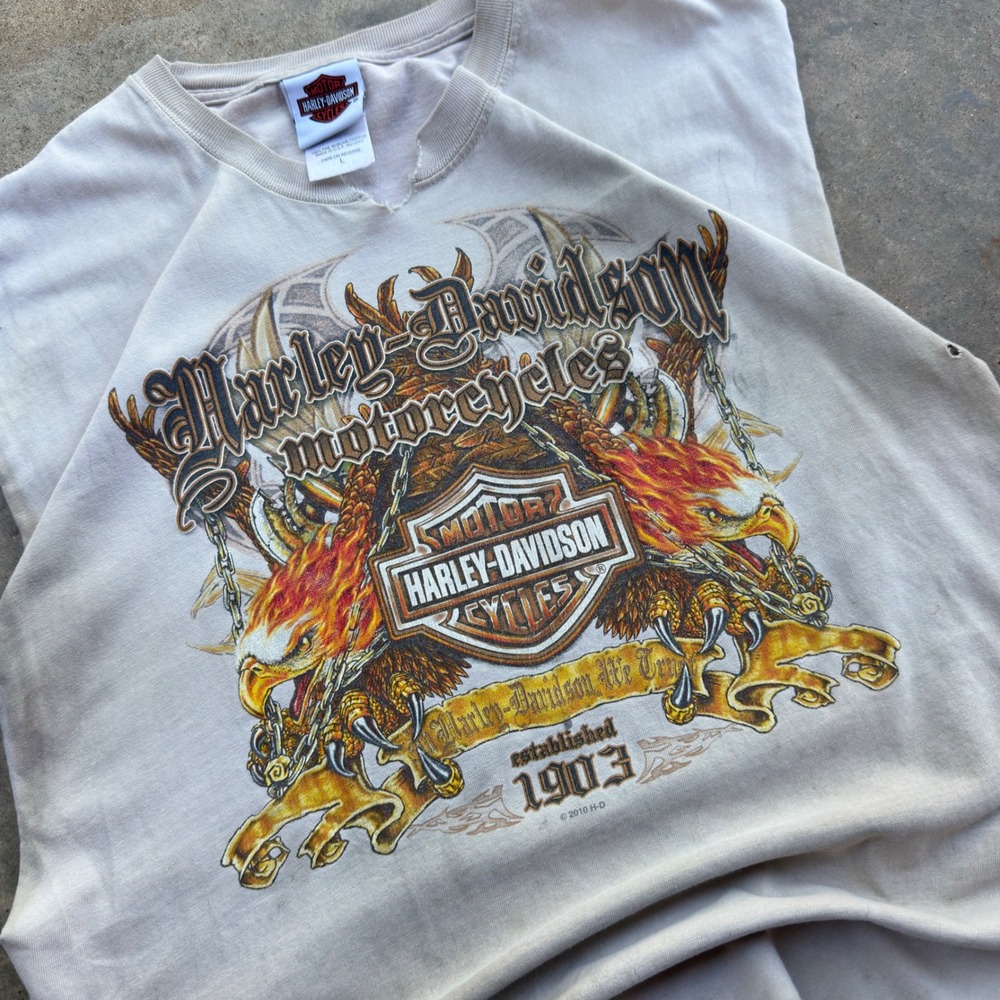 Vintage Y2K Harley Davidson Sleeveless Tee Flame Hits Distressed Tan L (j3)